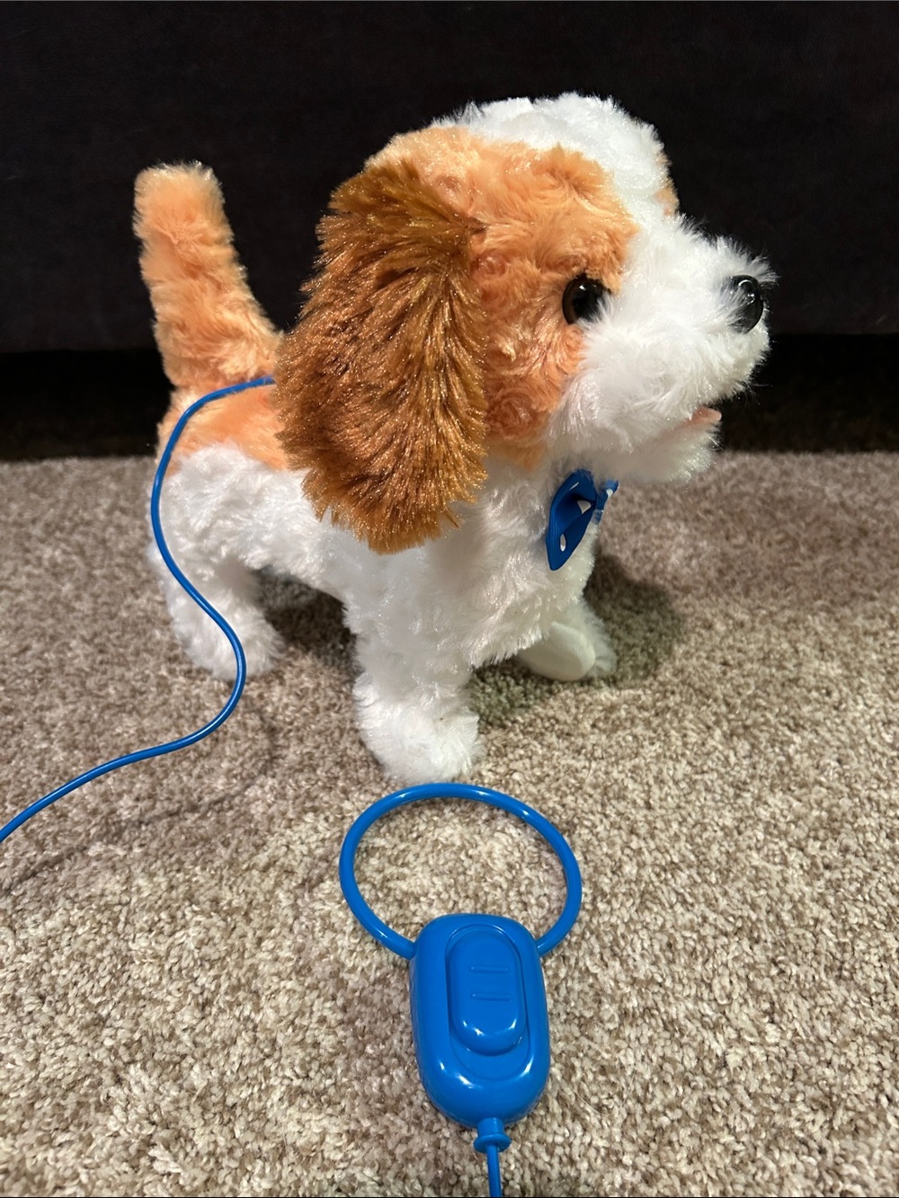 Plush Walk-Along Toy Dog in White and Brown with Blue Remote